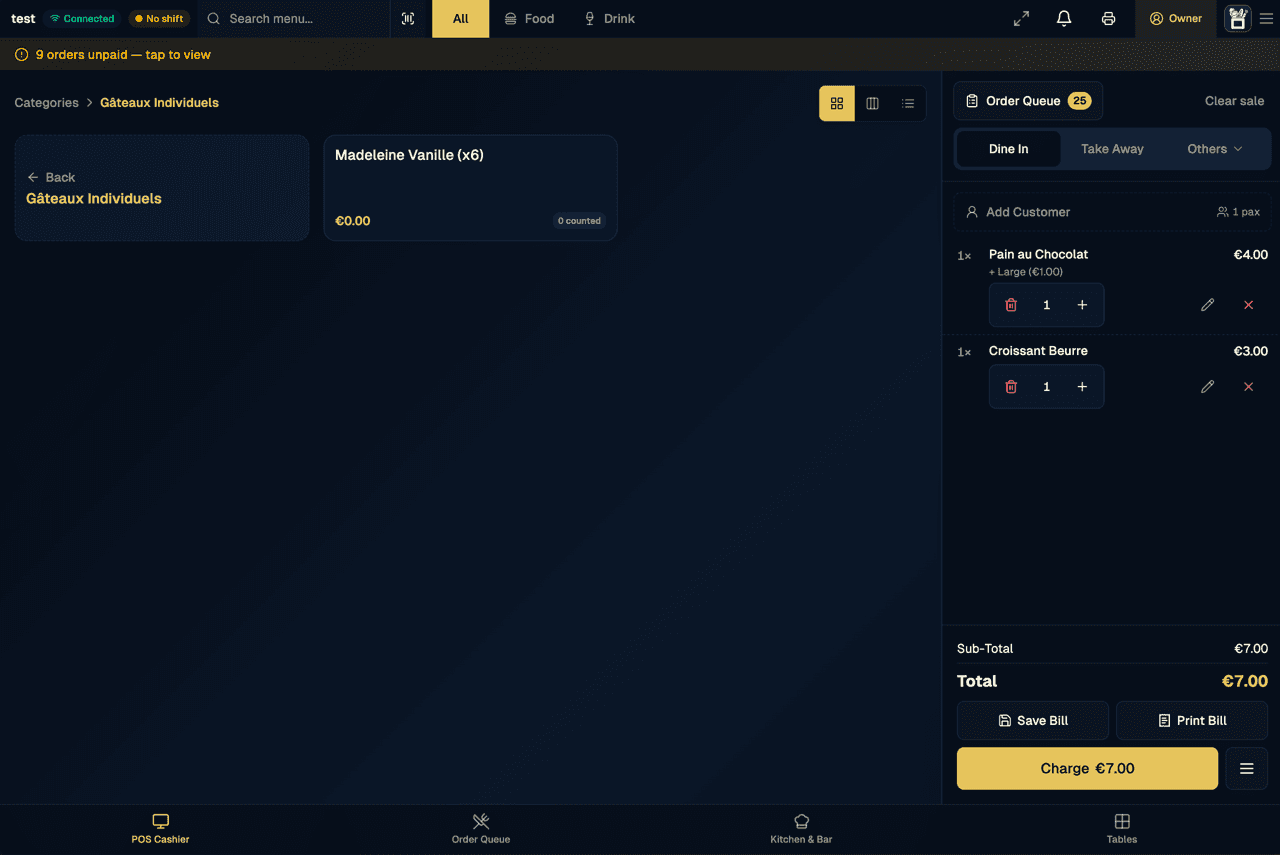 Epidom web-based POS: the cashier screen with order queue, dine-in and take-away, and checkout