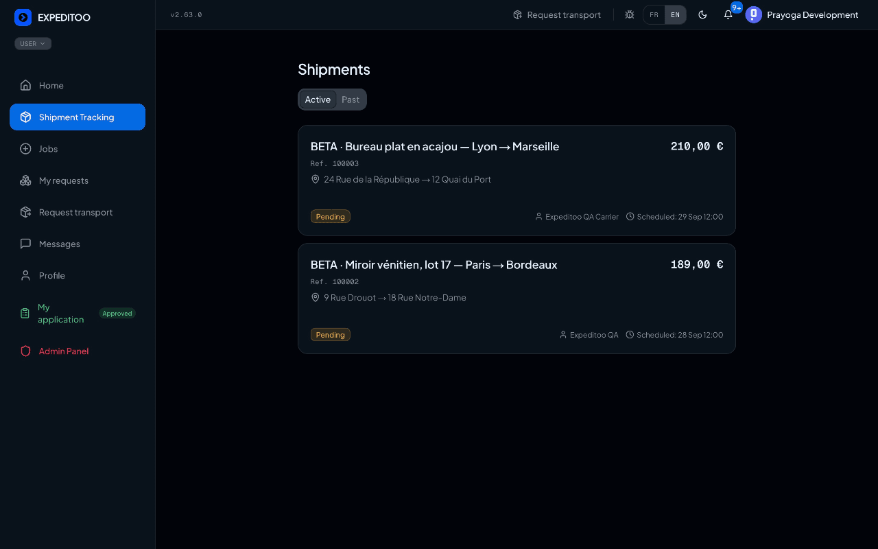 Expeditoo shipment tracking: active runs with route, price, carrier and scheduled time (beta test data)