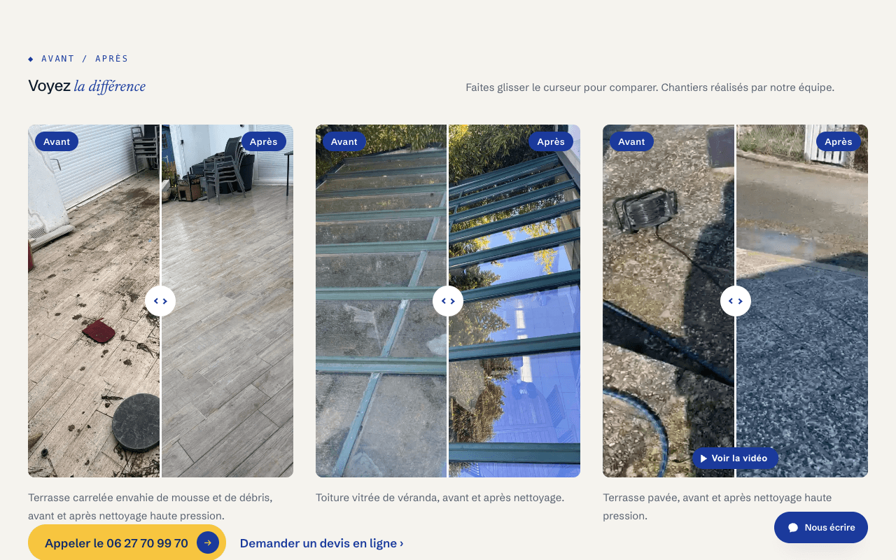 GLVitr'Clean before-and-after sliders: three real client jobs, a tiled terrace, a veranda glass roof and a paved terrace