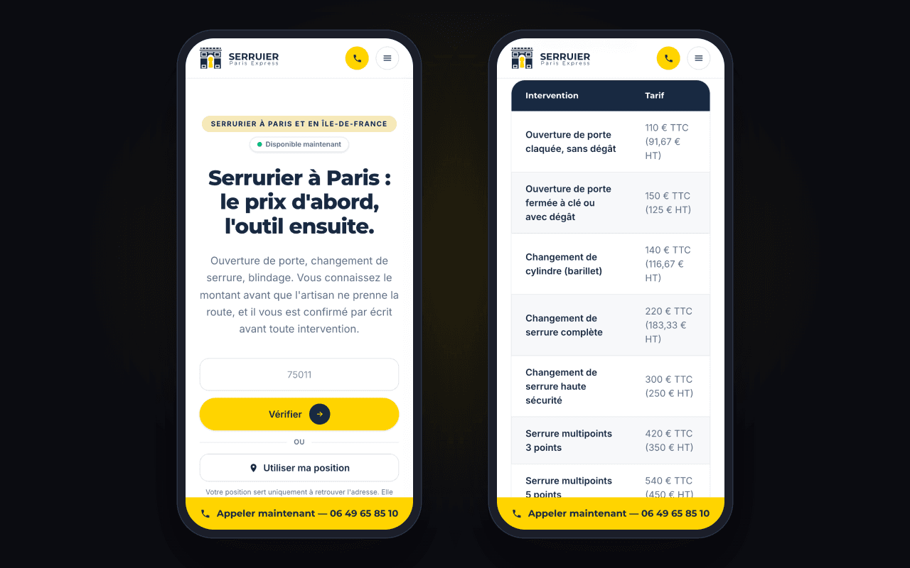 Serrurier Paris Express on phones: the homepage with the postcode check, and the price grid