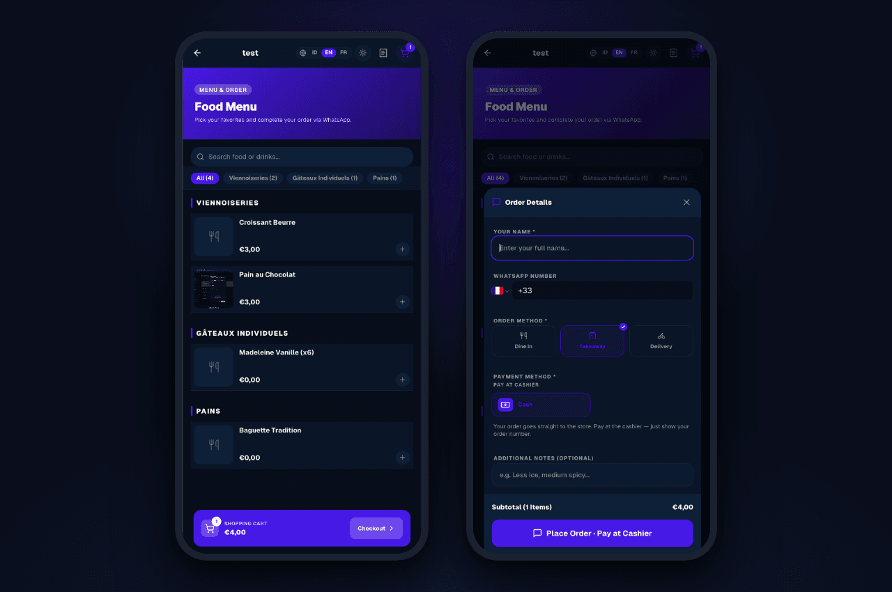 Epidom online ordering on a phone: the menu, then checkout for dine-in, takeaway or delivery